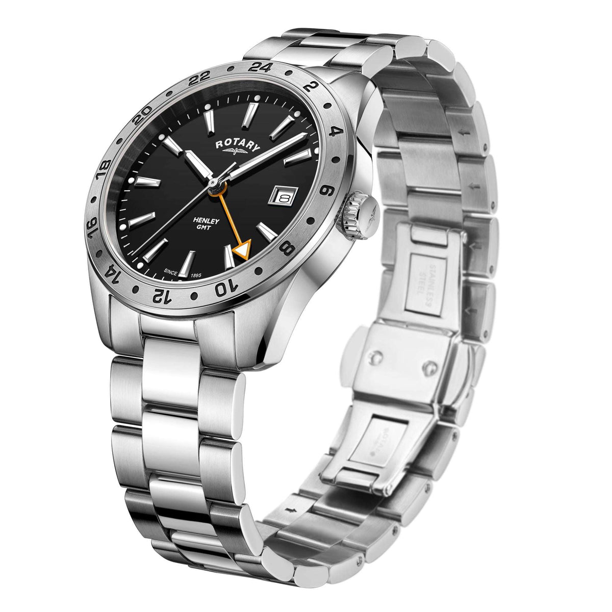 Men's stainless steel GMT watch with black dial and linked metal bracelet, side crown