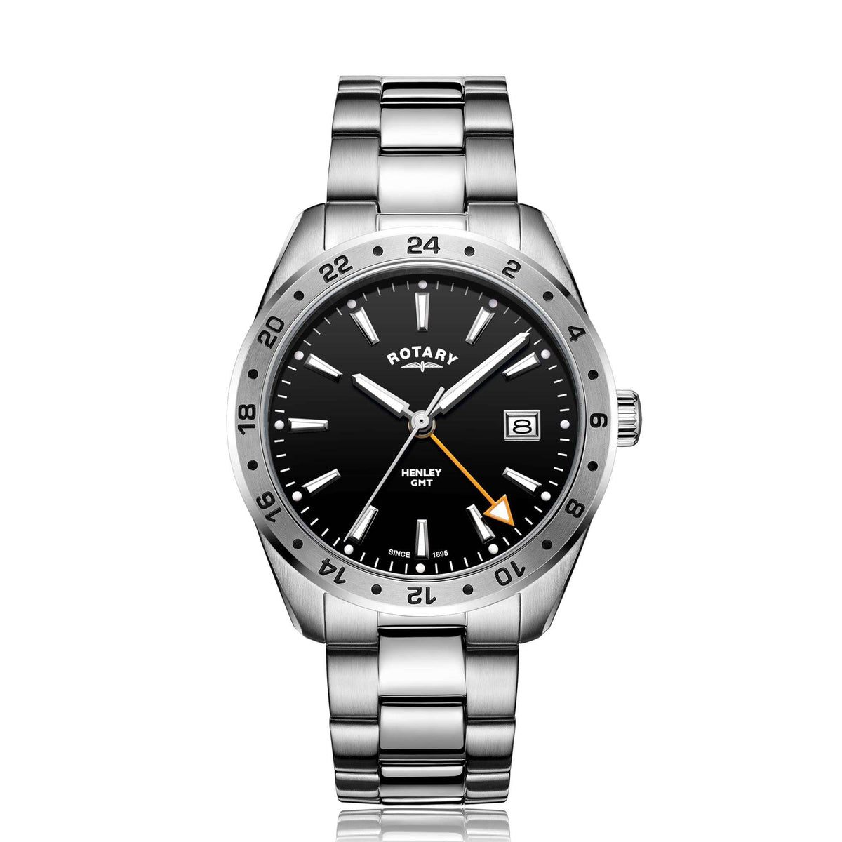 Men's stainless steel GMT watch with black dial and metal bracelet