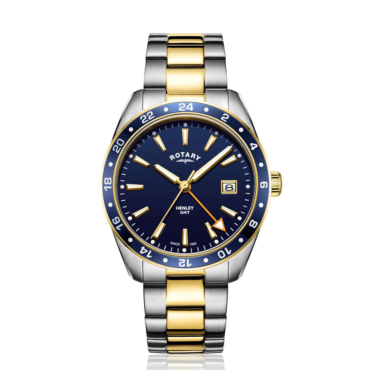 Two-tone stainless steel men’s GMT watch with blue dial, gold bezel and link bracelet.