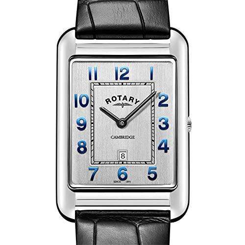 Close view of square dial watch with black leather strap, blue Roman numerals, silver case