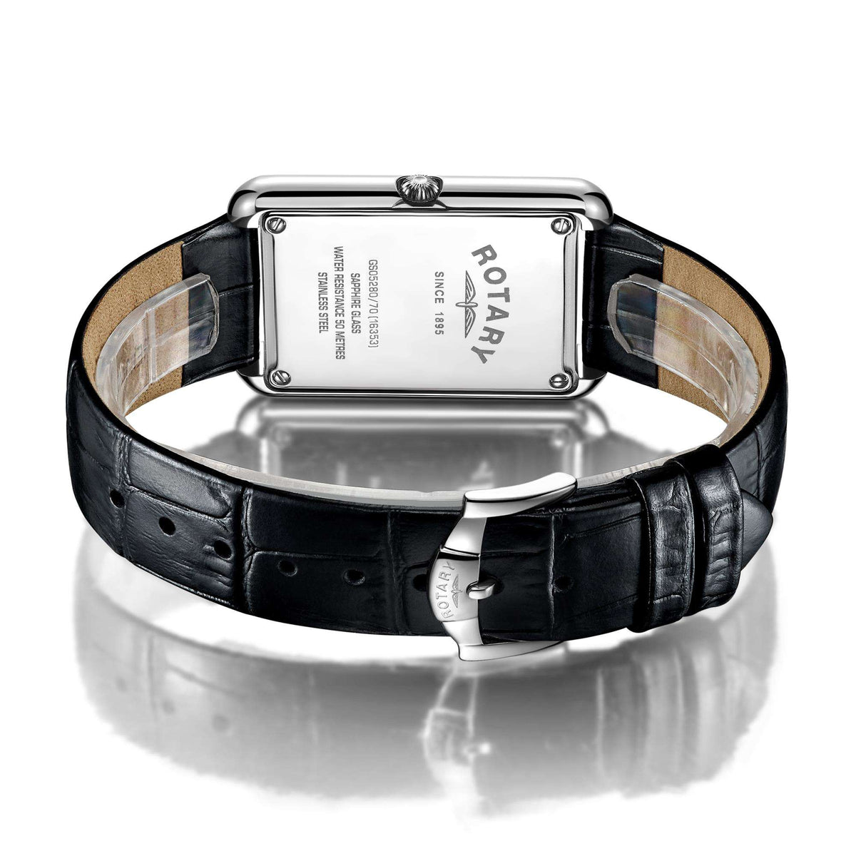 Square-dial wristwatch underside view with black leather strap and silver case back