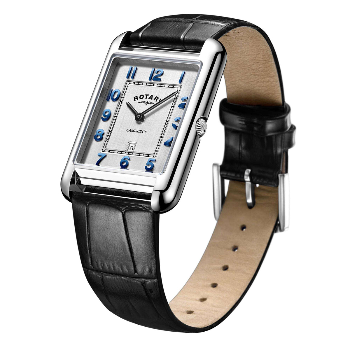 Rectangular square-dial wristwatch with black leather strap and silver case, angled view