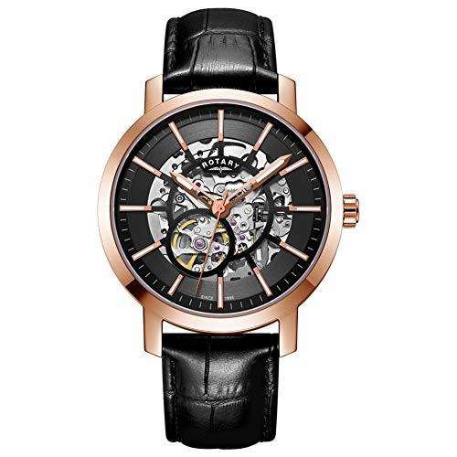 Men's skeleton watch with rose gold-tone case, black dial, and black leather strap