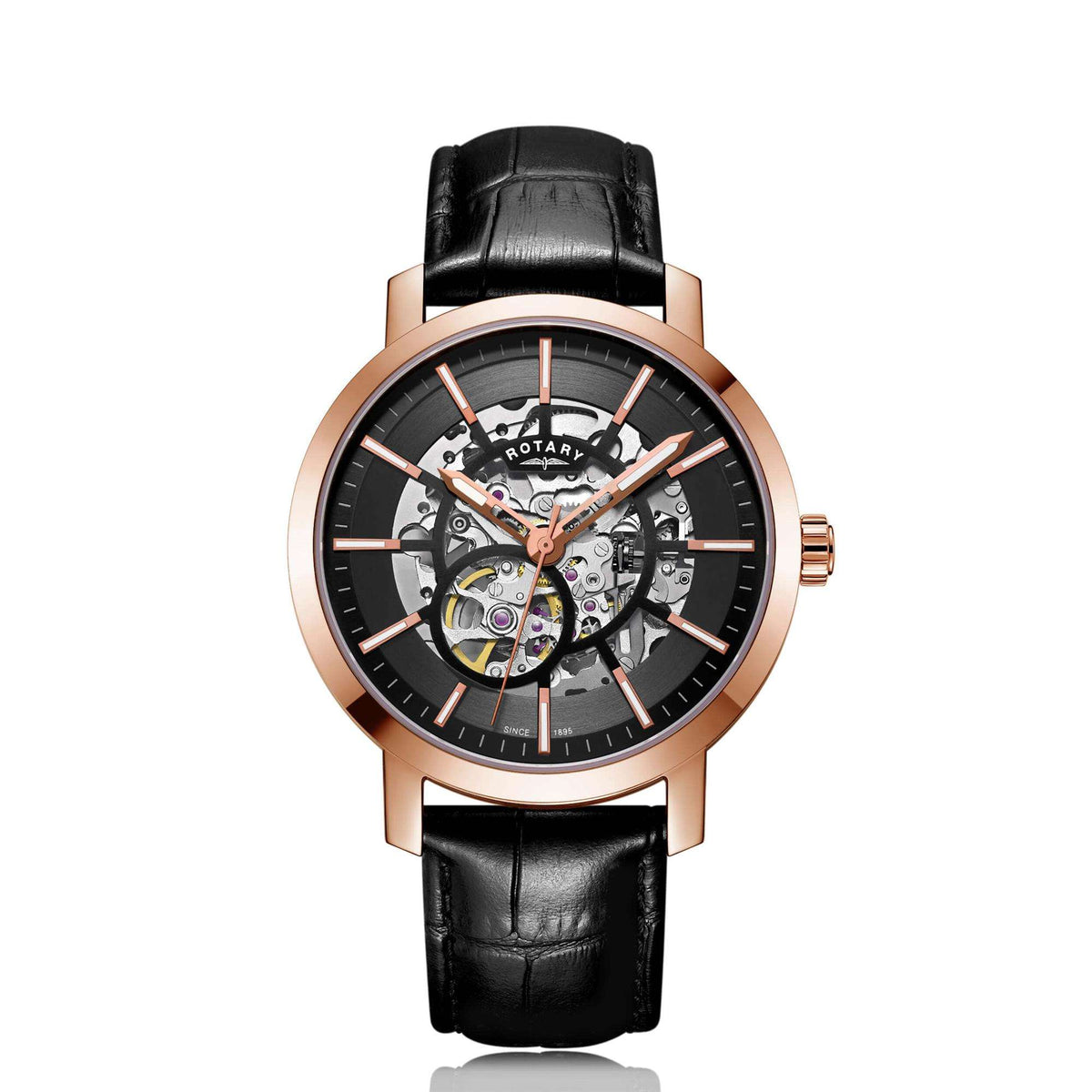 Men's skeleton watch front view, rose gold-tone bezel, black dial, black leather strap