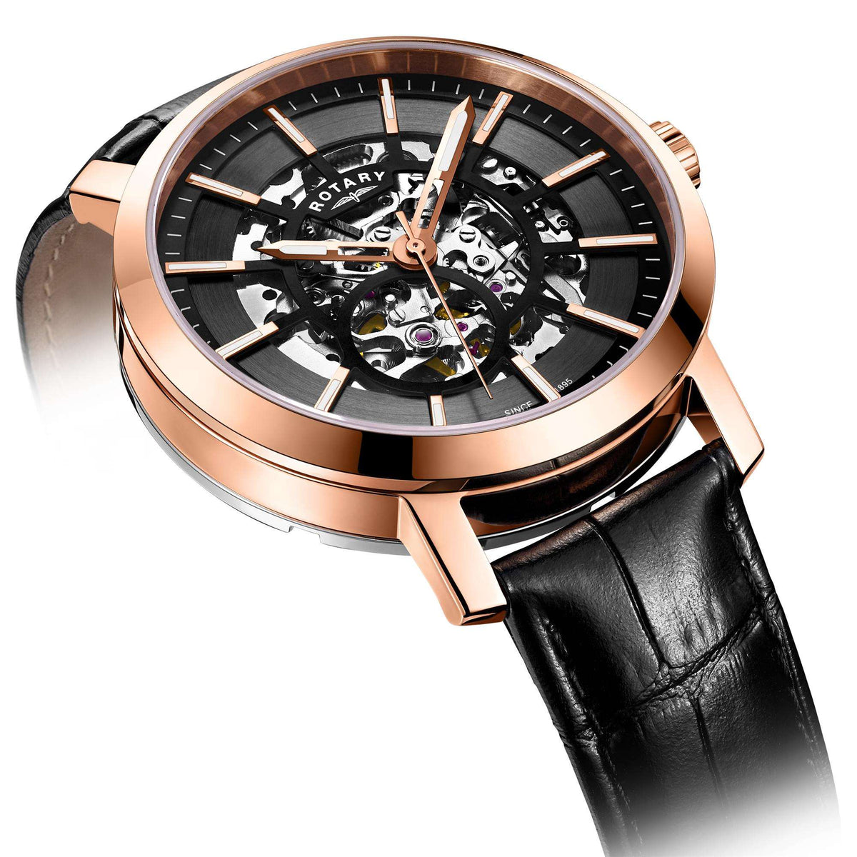 Men's skeleton watch angled view, rose gold-tone case with black leather strap