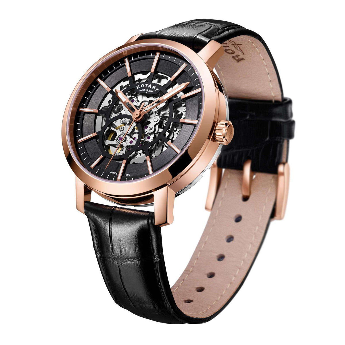 Men's skeleton watch side angle, rose gold-tone case, black dial, black leather strap