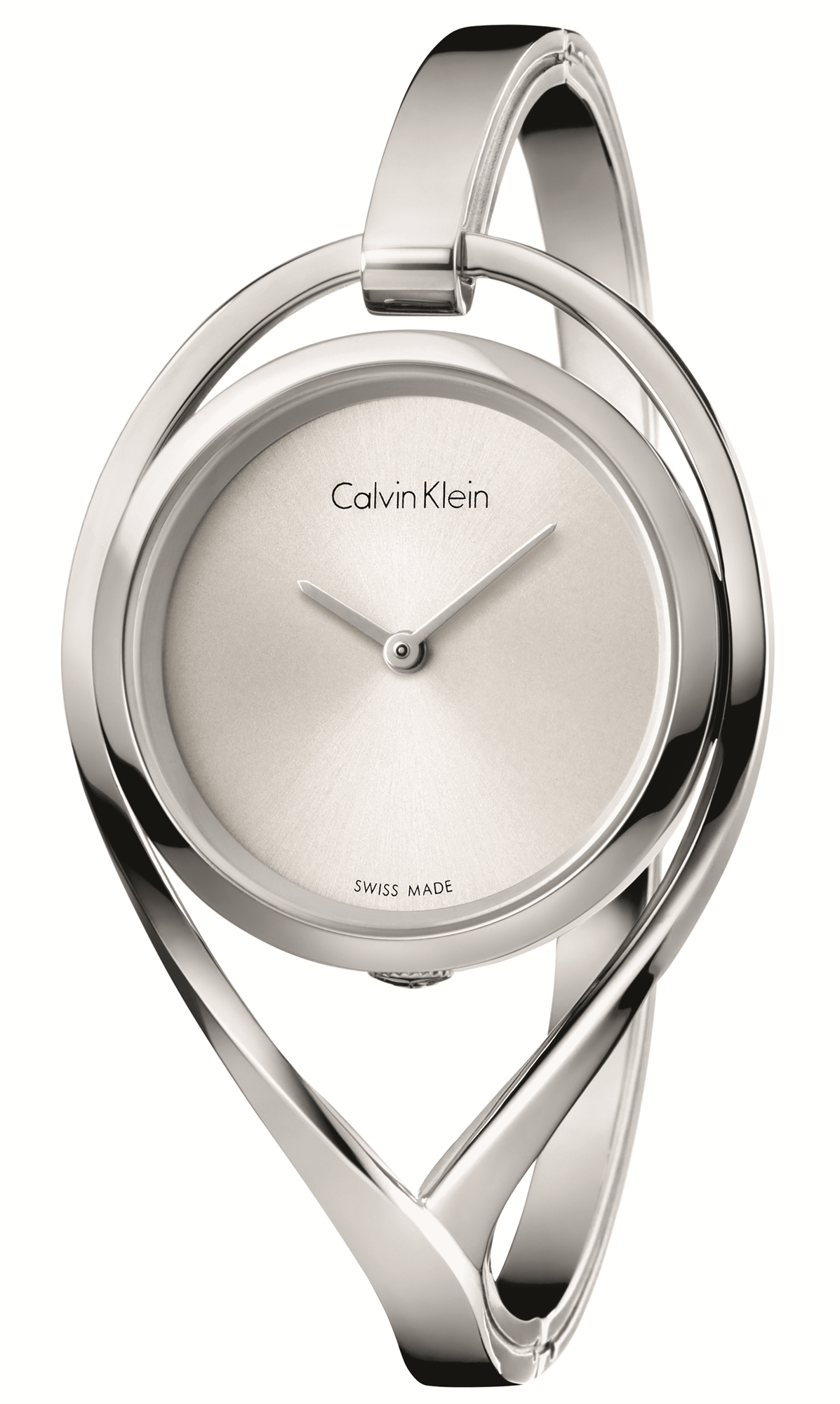 Silver ladies analog wristwatch with Calvin Klein dial, round case, two hands