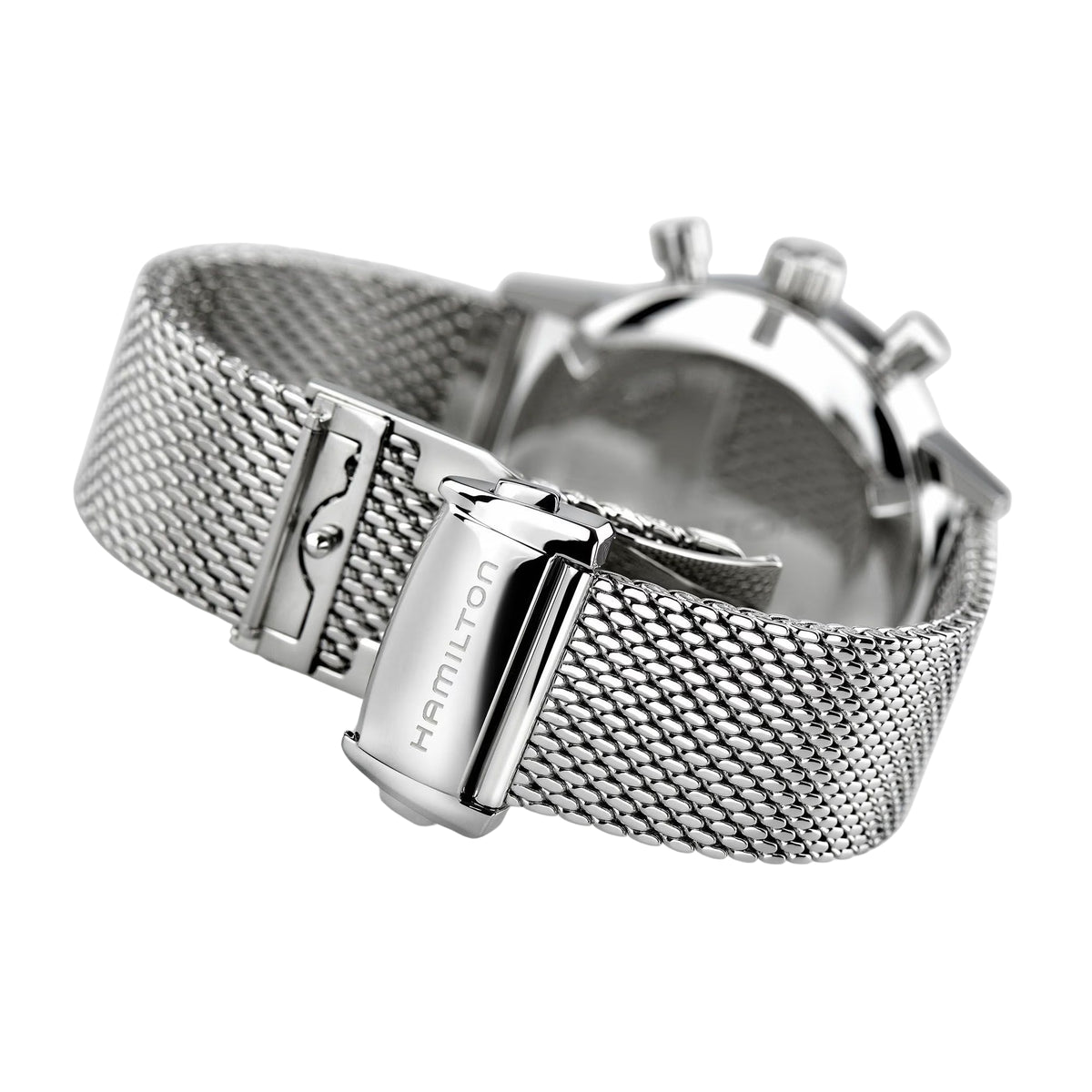 Hamilton watch clasp on silver mesh bracelet, with engraved brown leather strap extension