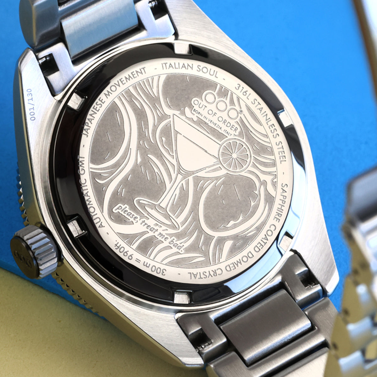 Men's steel watch case back, engraved stainless steel back plate on bracelet
