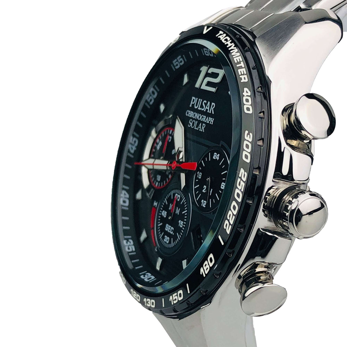Men's stainless steel chronograph solar watch angled side view with black dial