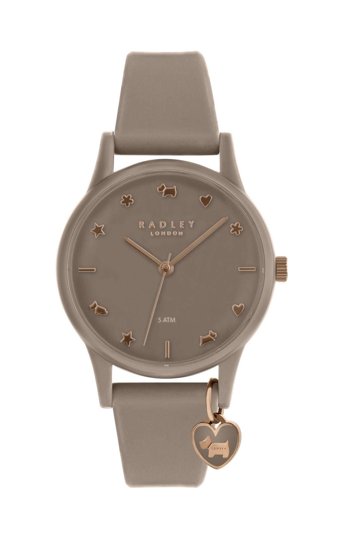Brown silicone strap heart charm ladies quartz watch with gold-tone dial markers