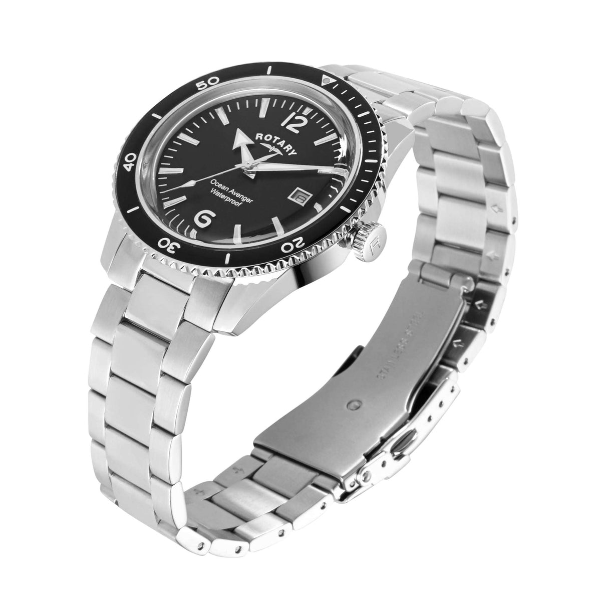 Silver stainless steel men's watch with black dial and bezel, crown visible at 3 o'clock