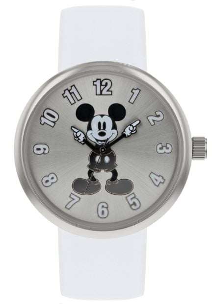 Kids quartz watch with white strap and silver dial, Mickey Mouse hands and numbers