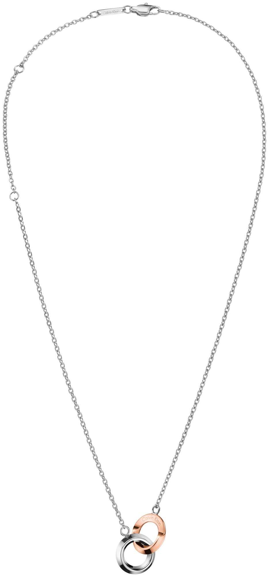 Silver stainless steel pendant necklace with circular ring and rose-gold center
