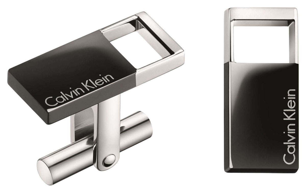 Men's stainless steel cufflinks with black rectangular face and Calvin Klein logo