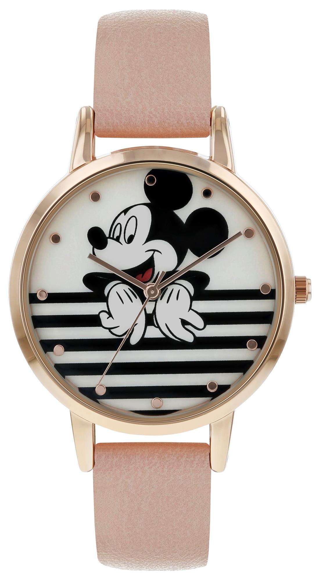 Girls quartz watch with pink leather strap, gold-tone round case, Mickey Mouse dial