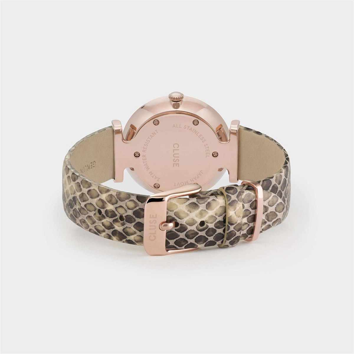 CLUSE Triomphe Rose Gold PVD Case Snakeskin Leather Strap Ladies Watch CW0101208007