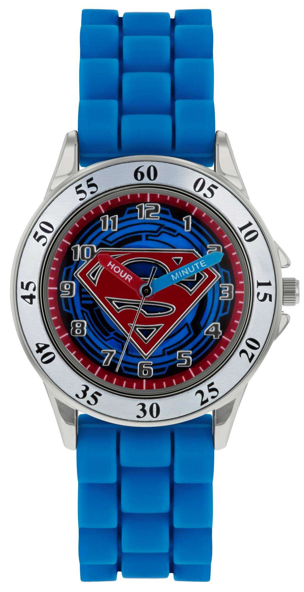 Boys blue rubber strap quartz watch with silver case and superhero logo dial