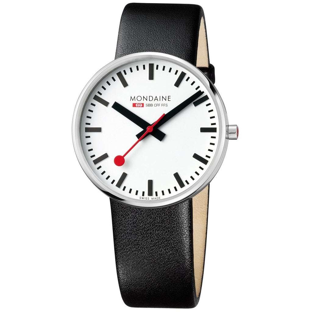 Men's quartz watch with white dial and red hands, black leather strap, round silver case