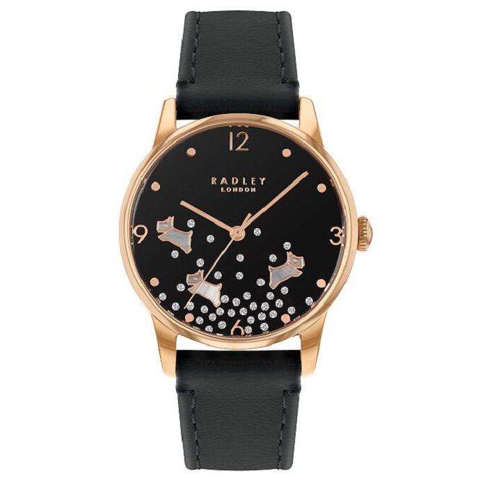Ladies rose-gold wristwatch with black dial and glitter dog motif, black leather strap