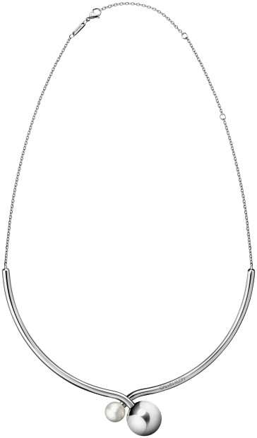 Silver stainless steel choker necklace, curved front bar with two round beads