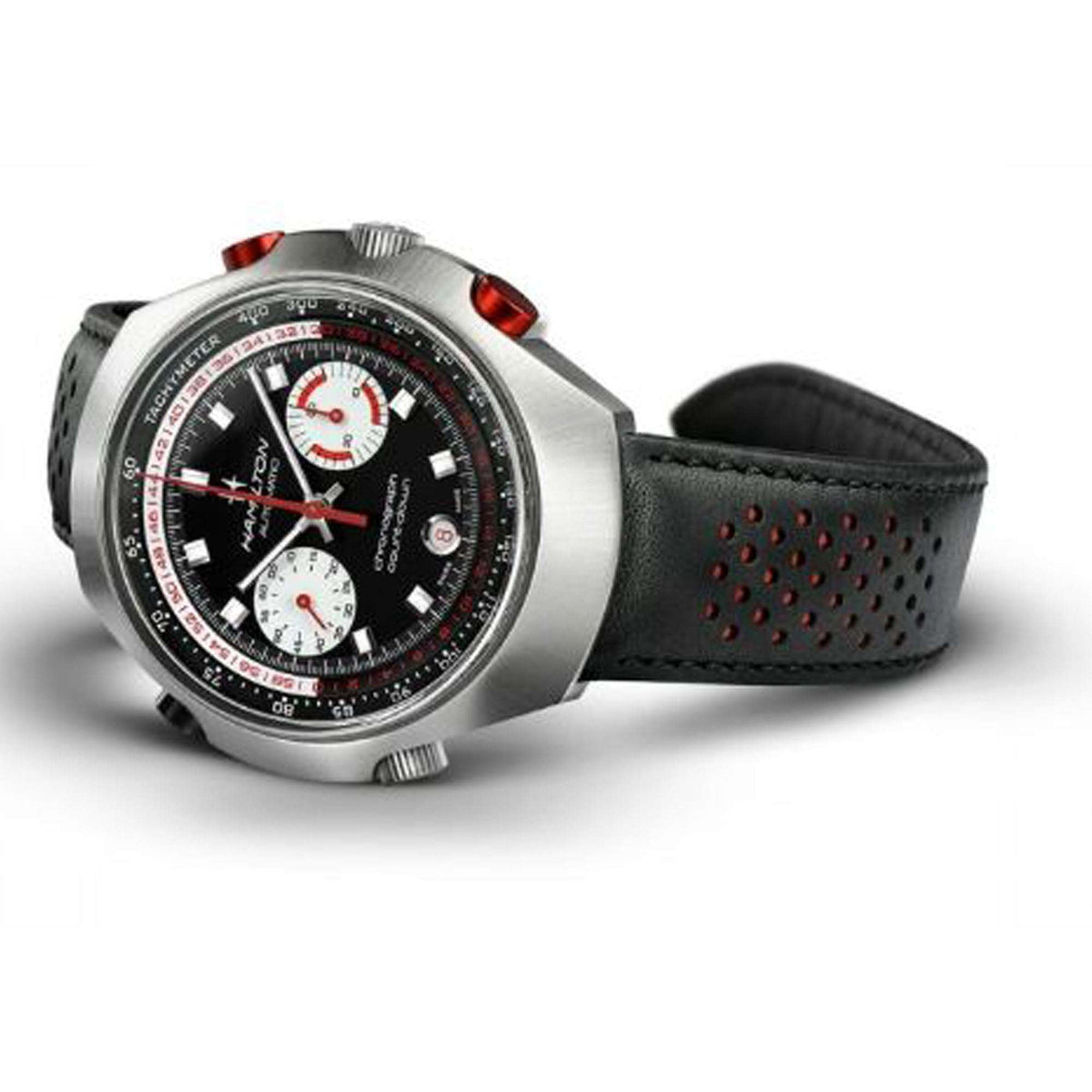 Silver-tone chronograph watch with black perforated leather strap and red bezel markers