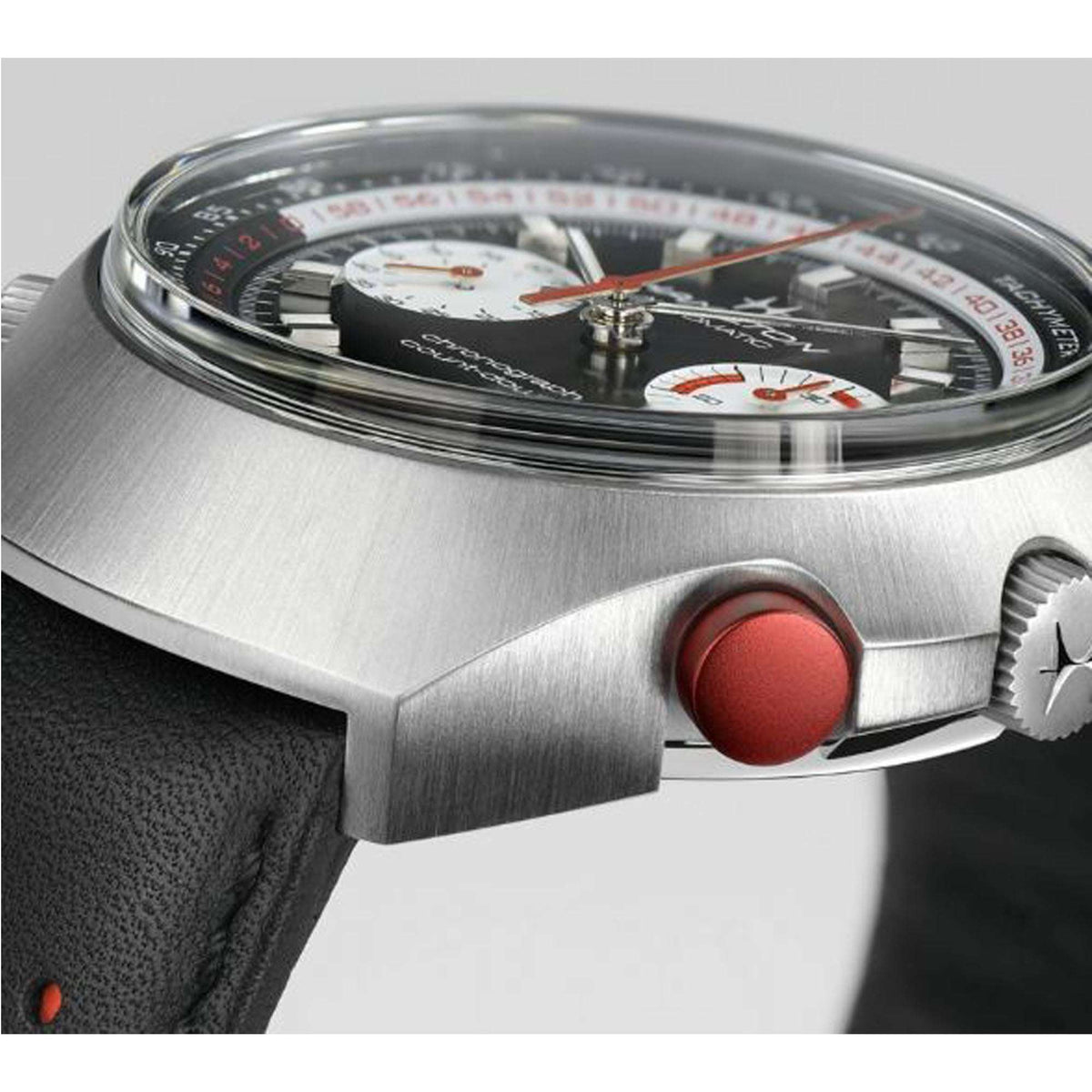 Men’s automatic chronograph watch with stainless case, black dial, red accents and leather strap