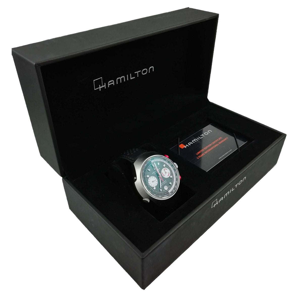 Hamilton men’s chronograph watch in an open black gift box with booklet and extra strap