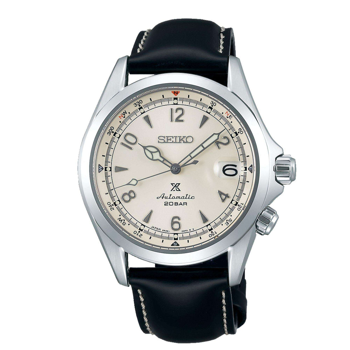 Men's automatic watch with cream dial, black leather strap, and silver stainless case