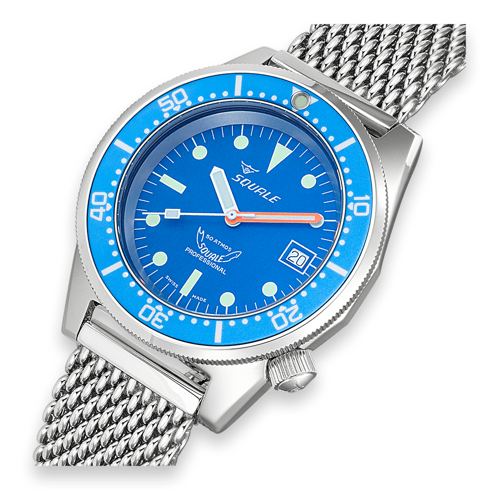 Men's automatic dive watch with blue dial and orange seconds hand, silver mesh bracelet