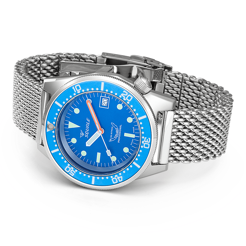 Men's automatic dive watch with blue dial on silver link-mesh bracelet, angled view