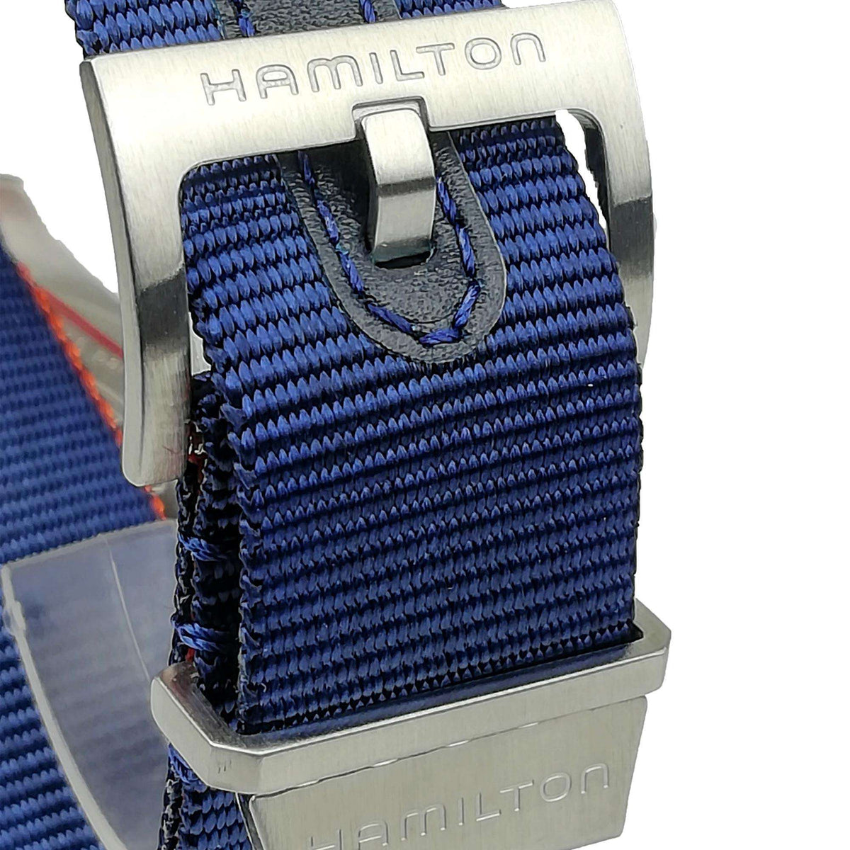 Hamilton automatic watch with blue NATO fabric strap and brushed metal clasp hardware
