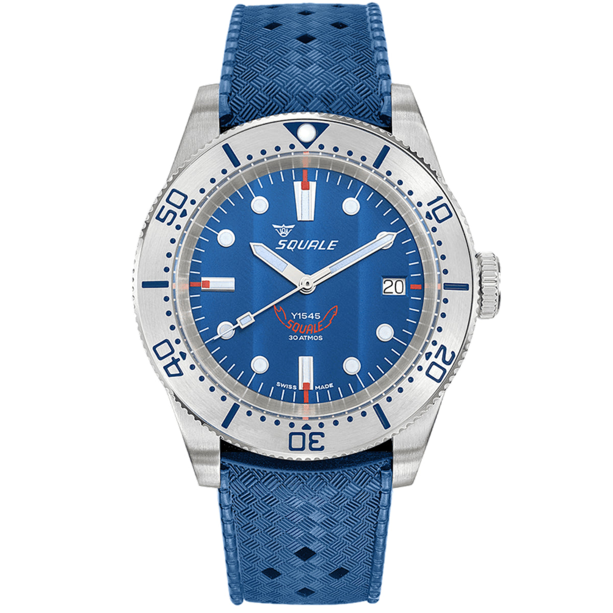 Squale 1545 steel automatic men's watch with blue dial and textured blue rubber strap