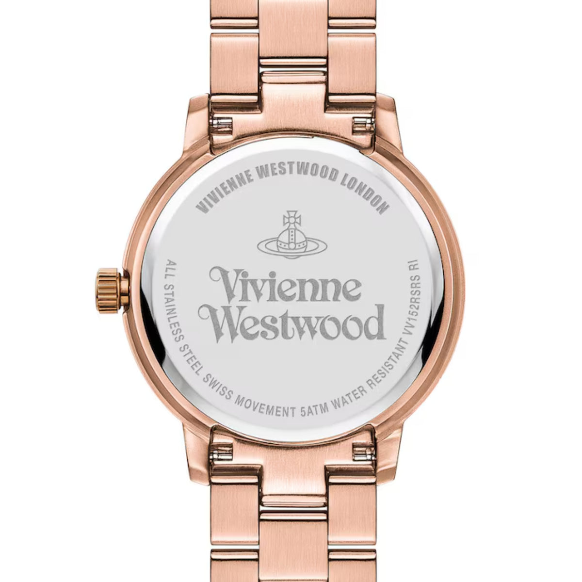 Rose gold watch with engraved brand dial, roman numerals, stainless steel link band