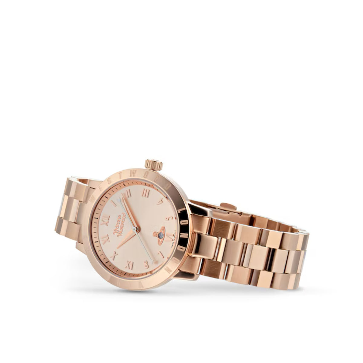 Rose gold women's watch with pale pink dial and metal link strap, round case