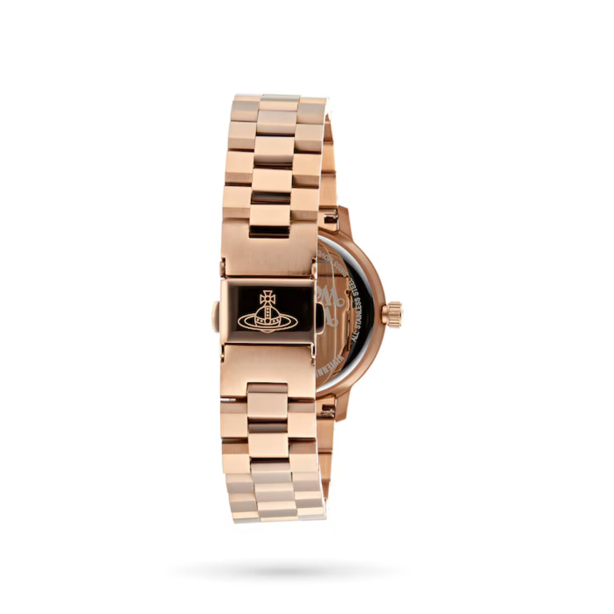 Rose gold women's quartz watch with black dial and stainless steel link bracelet