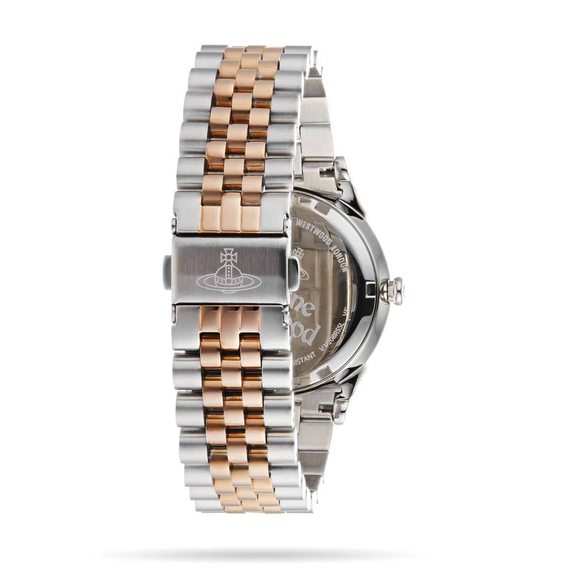 Women’s quartz watch side view with two-tone metal bracelet and crown