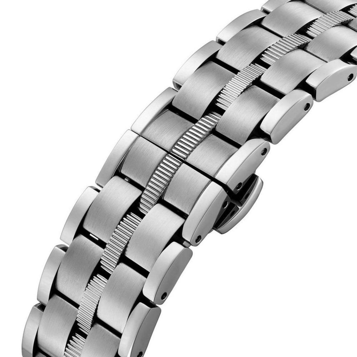 Stainless steel watch bracelet with smooth and ridged link sections