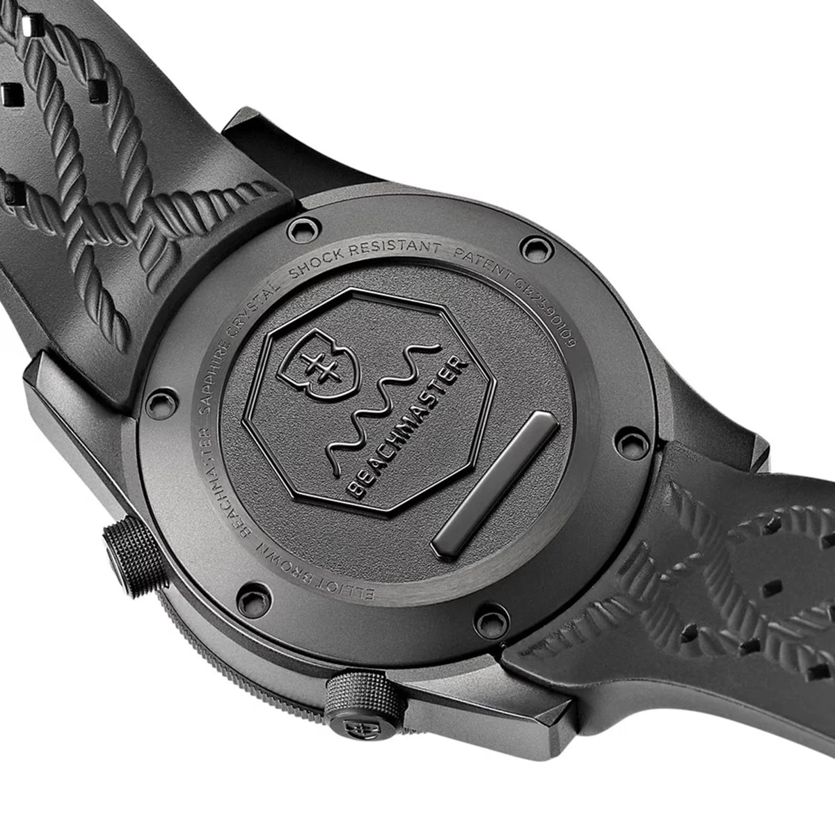 Men's watch caseback with 'Beachmaster' logo and textured black rubber strap