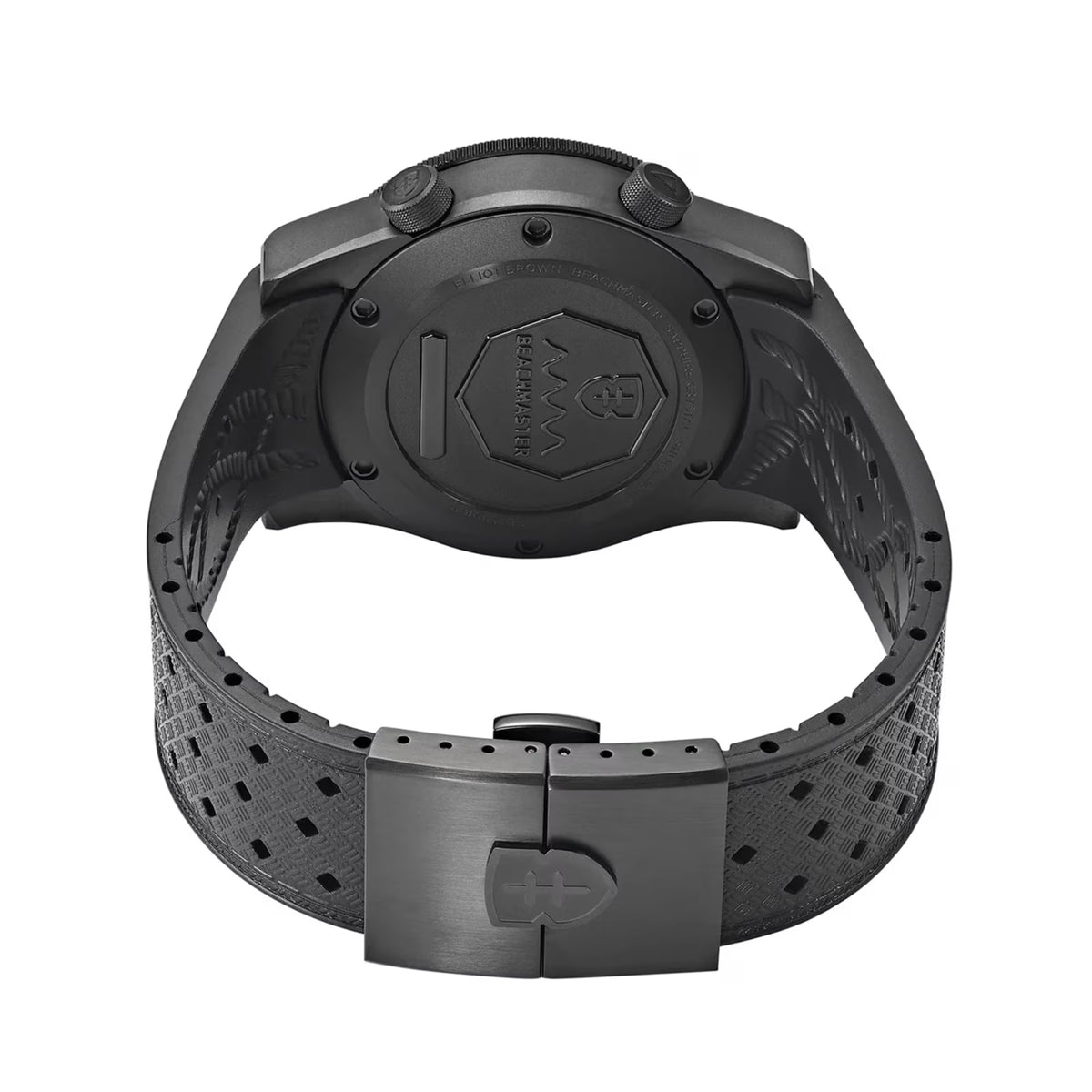 Men's black rubber strap wristwatch, rear view with metal buckle and caseback