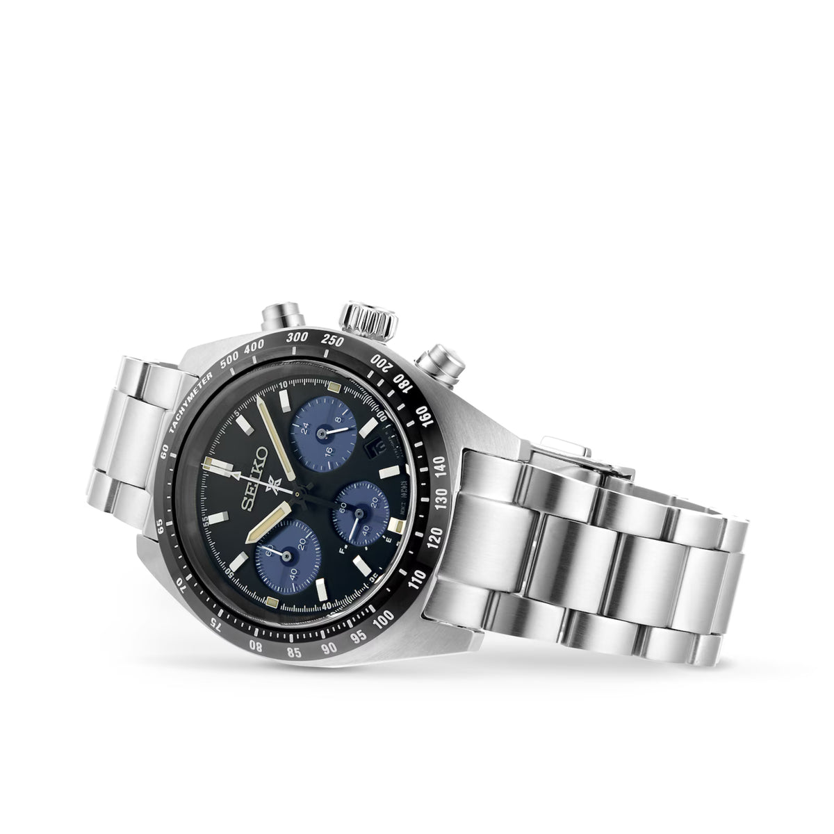 Men's steel chronograph watch with black dial, blue subdials, and metal bracelet