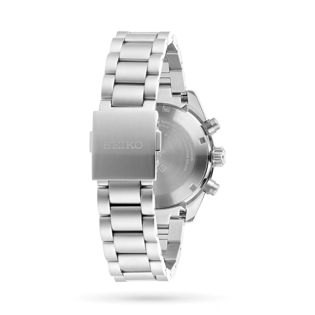 Men's steel chronograph watch back view with pushers and stainless bracelet