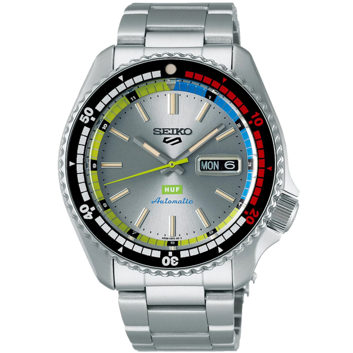 Seiko 5 Sports x HUF SRPL33K1 silver dial front view