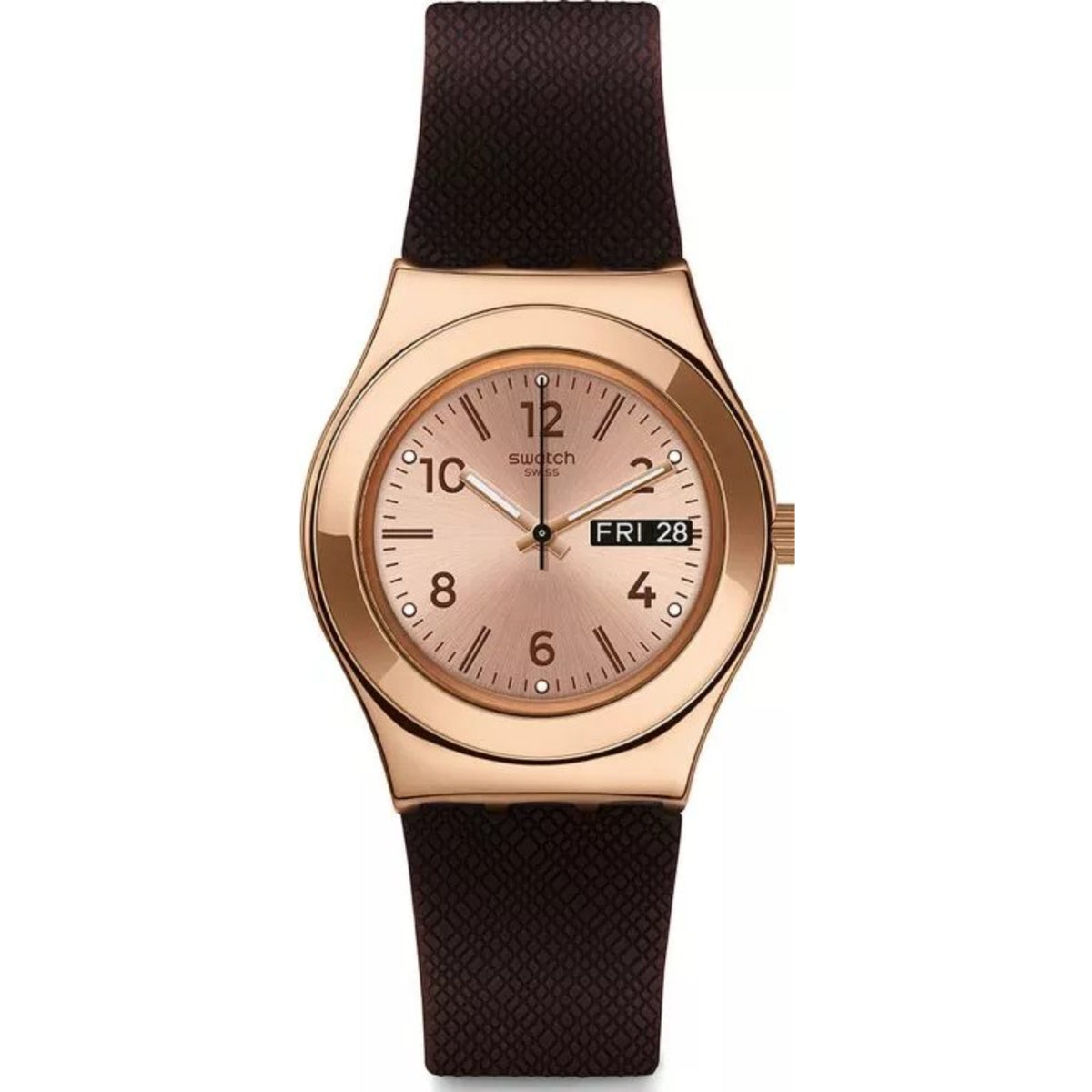 Round rose-gold quartz watch with dark brown silicone strap, white dial, date Fri 28