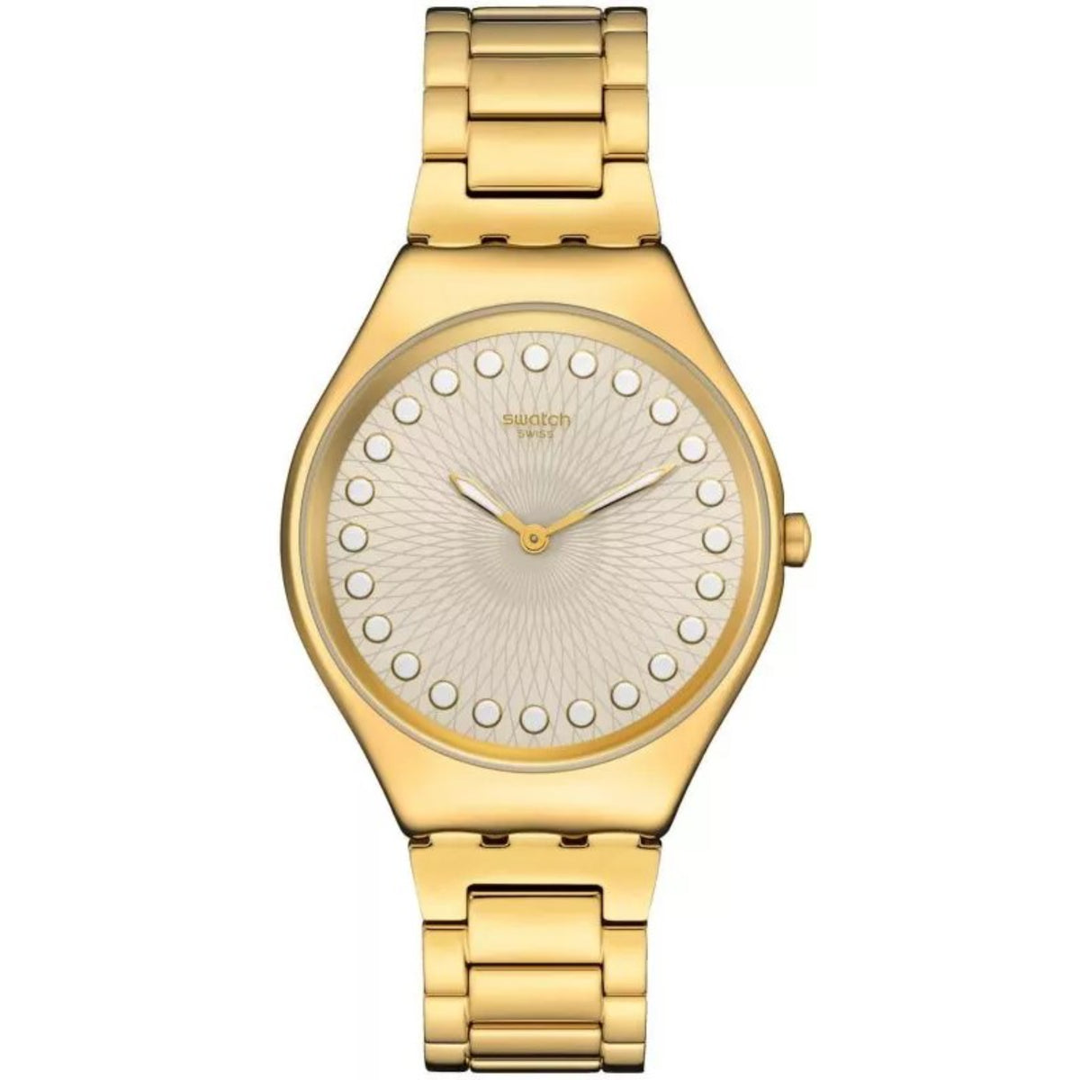 Unisex gold-tone quartz wristwatch with beige textured dial and white dot bezel, link bracelet
