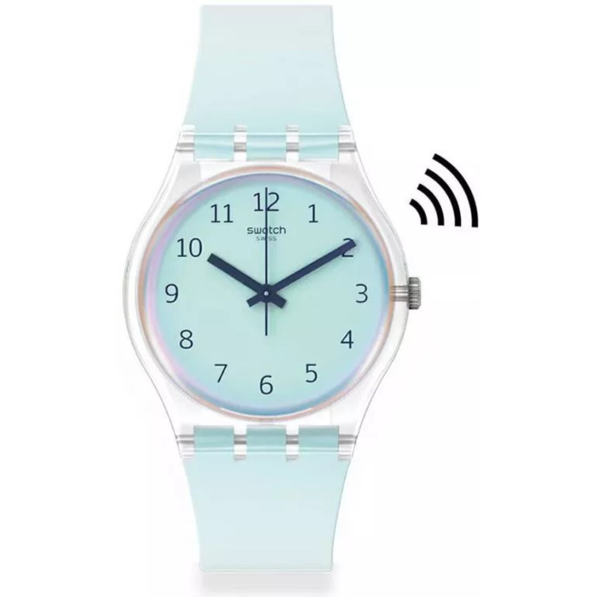 Light blue silicone strap quartz watch with light dial, dark hands, and date display markers