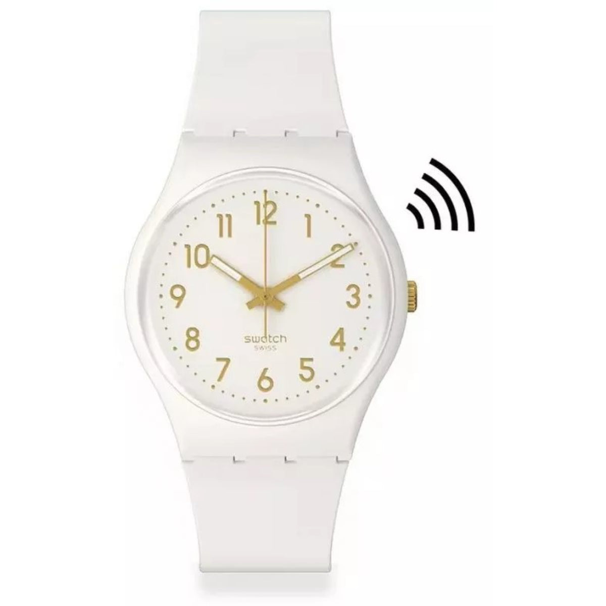 White quartz wristwatch with white silicone strap and gold hands, numbered dial
