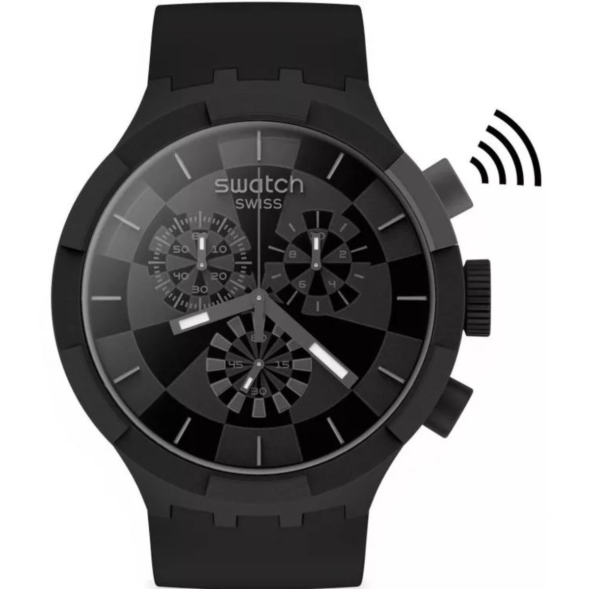 Black silicone sport watch with multi-dial face and tachymeter-style subdials