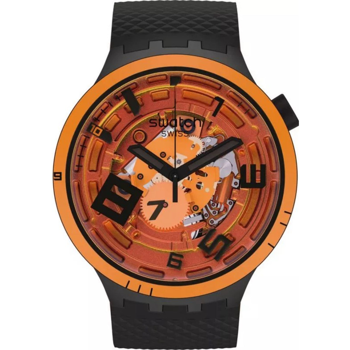 Transparent-dial silicone strap watch with orange face and black textured band