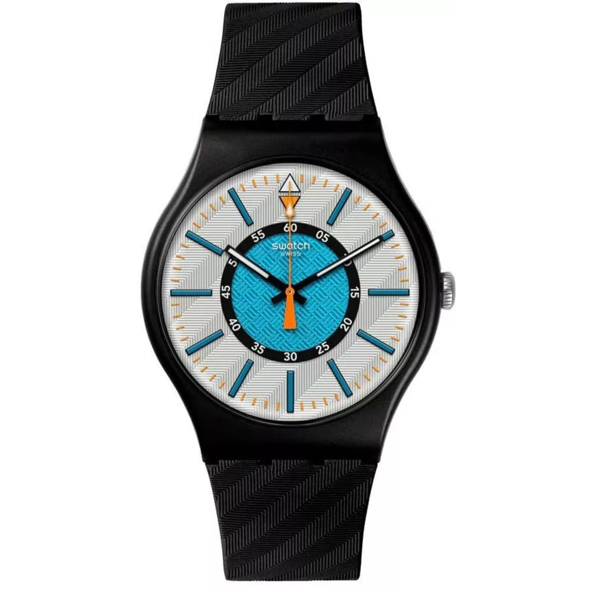 Swatch bioceramic wristwatch with black silicone strap and white dial, blue accents.